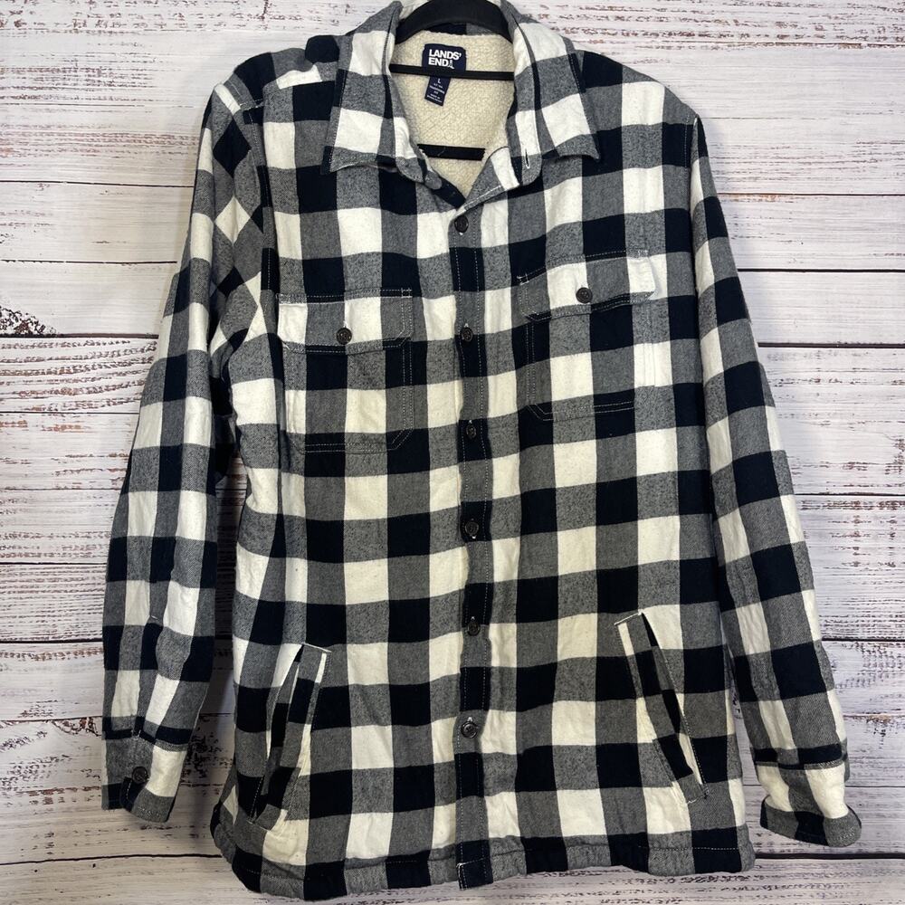Lands End Plaid Gorpcore Flannel Sherpa Lined Button Down Shirt Large